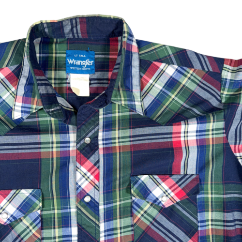 Vintage Wrangler Western Shirt Adult LARGE TALL Blue Green Plaid Pearl Snap 90s