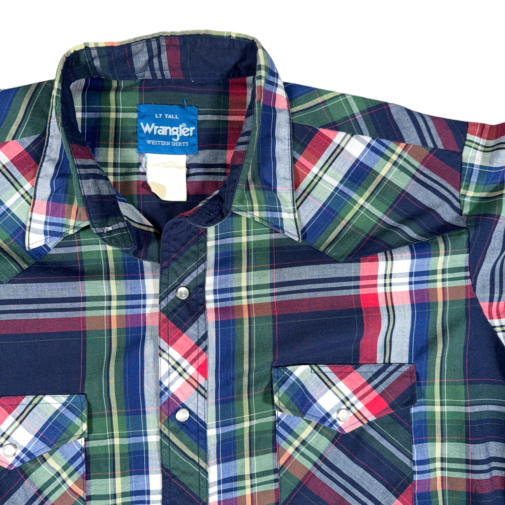 Vintage Wrangler Western Shirt Adult LARGE TALL Blue Green Plaid Pearl Snap 90s-2 Vintage Wrangler Western Shirt Adult LARGE TALL Blue Green Plaid Pearl Snap 90s