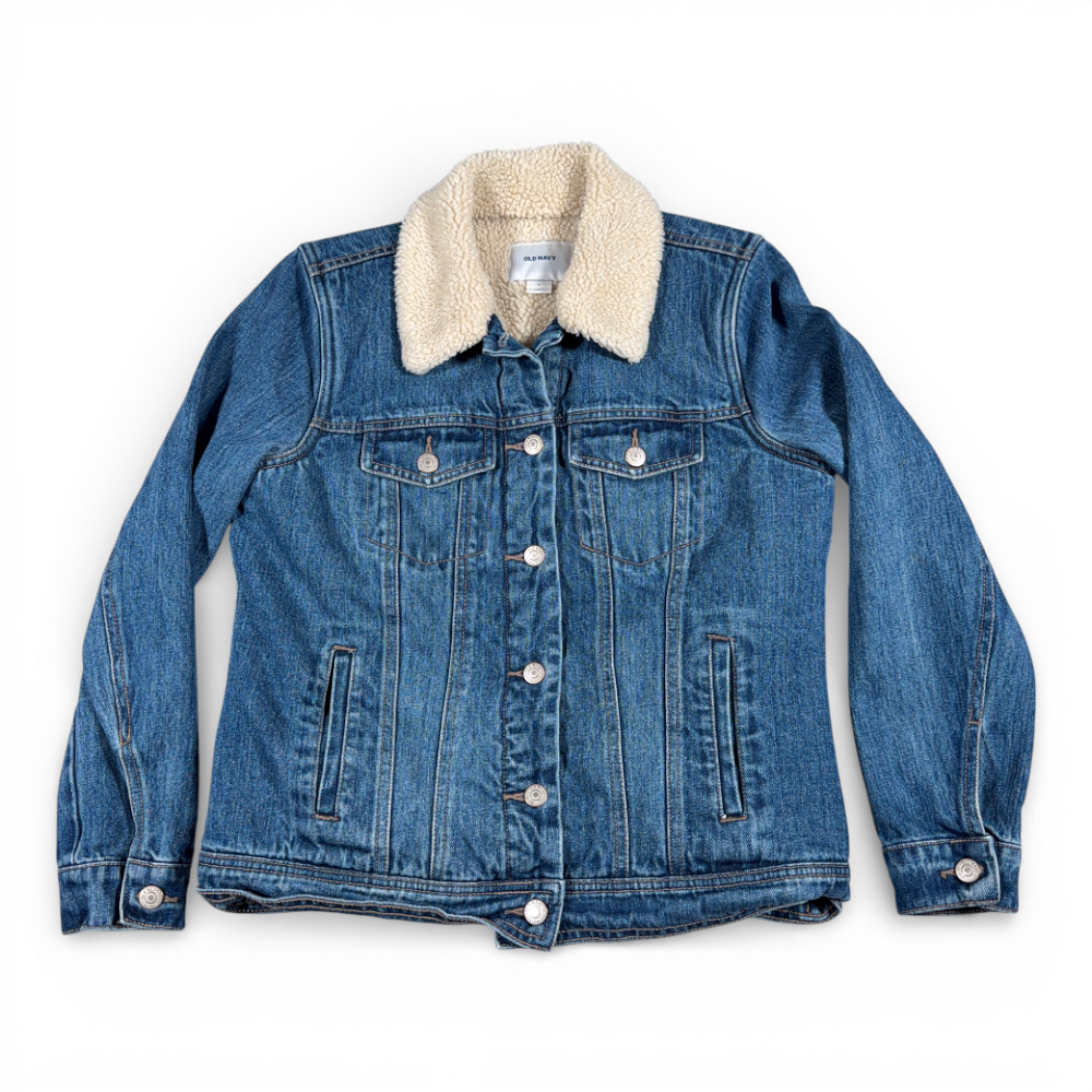 Old Navy Jacket Womens MEDIUM Blue Cotton Dark Wash Denim Jean Sherpa Lined-1 Old Navy Jacket Womens MEDIUM Blue Cotton Dark Wash Denim Jean Sherpa Lined