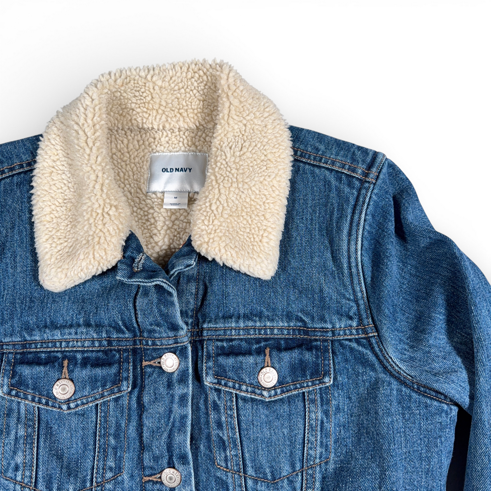Old Navy Jacket Womens MEDIUM Blue Cotton Dark Wash Denim Jean Sherpa Lined-2 Old Navy Jacket Womens MEDIUM Blue Cotton Dark Wash Denim Jean Sherpa Lined