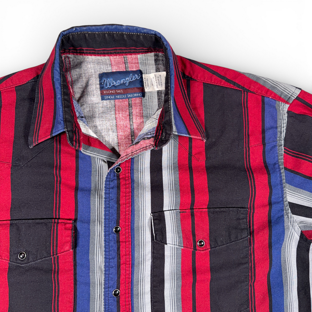 Vintage Wrangler Western Shirt Adult LARGE Red Black Gray Striped Pearl Snap 80s-2 Vintage Wrangler Western Shirt Adult LARGE Red Black Gray Striped Pearl Snap 80s