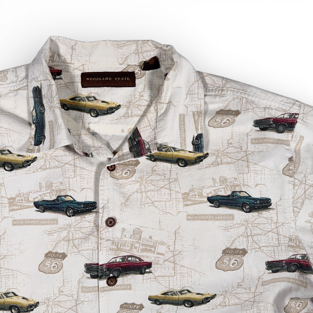 Vintage Classic Cars Shirt Adult LARGE White Camp Route 66 Maps Americana Y2K-2 Vintage Classic Cars Shirt Adult LARGE White Camp Route 66 Maps Americana Y2K