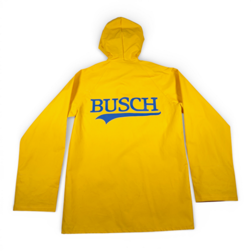 Vintage Busch Coat Adult MEDIUM Yellow Raincoat Hooded Slicker Zip Promo 80s