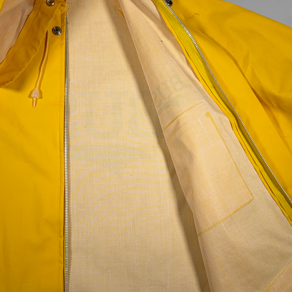 Vintage Busch Coat Adult MEDIUM Yellow Raincoat Hooded Slicker Zip Promo 80s-11 Vintage Busch Coat Adult MEDIUM Yellow Raincoat Hooded Slicker Zip Promo 80s