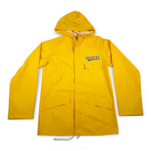 Vintage Busch Coat Adult MEDIUM Yellow Raincoat Hooded Slicker Zip Promo 80s-2 Vintage Busch Coat Adult MEDIUM Yellow Raincoat Hooded Slicker Zip Promo 80s