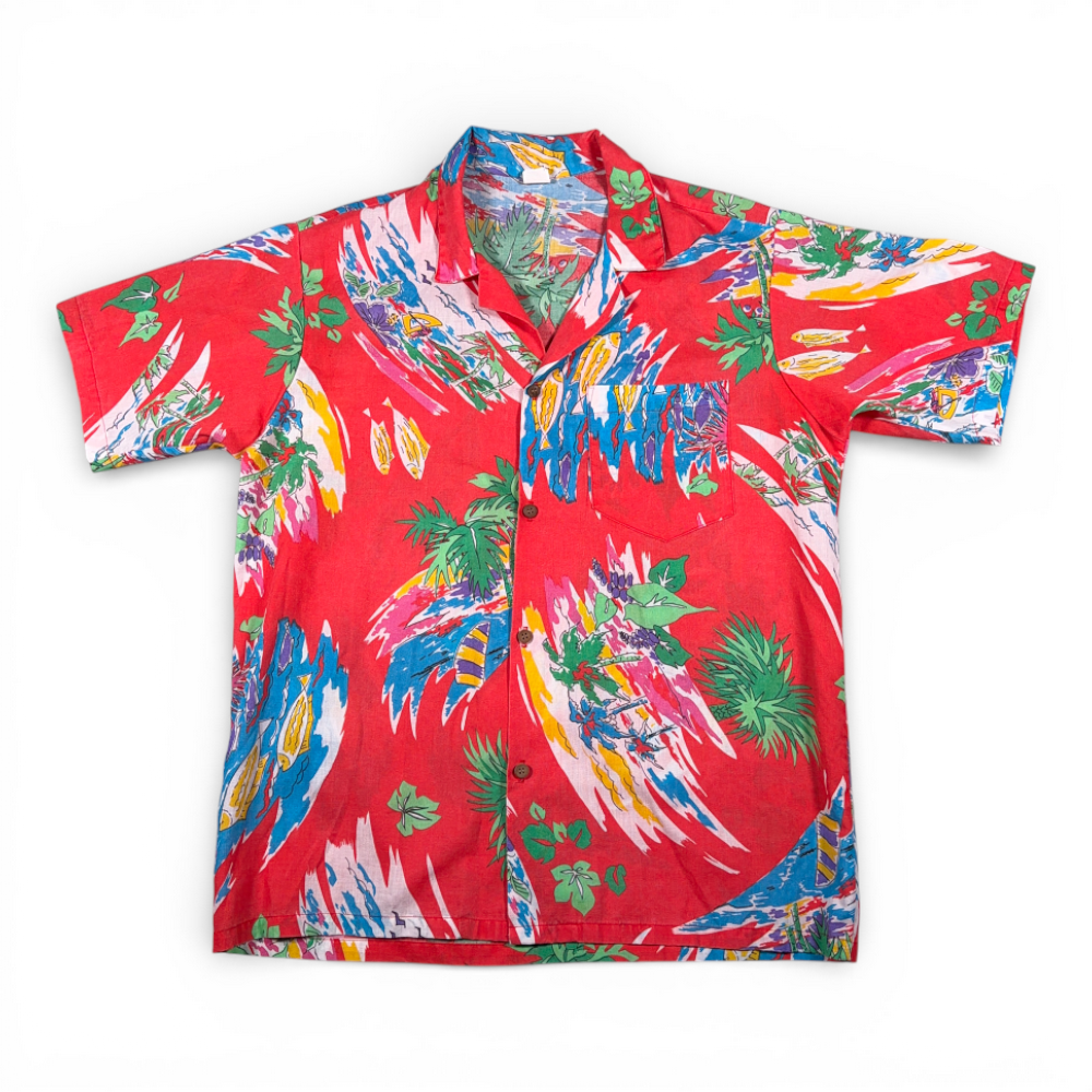 Vintage Hawaiian Shirt Adult LARGE Red Fish Sailboats Palms Abstract Camp 80s-1 Vintage Hawaiian Shirt Adult LARGE Red Fish Sailboats Palms Abstract Camp 80s
