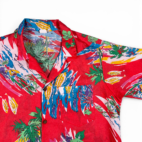 Vintage Hawaiian Shirt Adult LARGE Red Fish Sailboats Palms Abstract Camp 80s