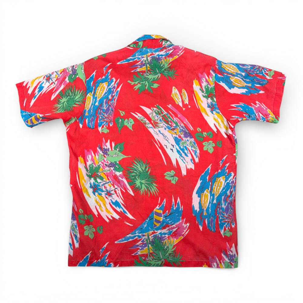 Vintage Hawaiian Shirt Adult LARGE Red Fish Sailboats Palms Abstract Camp 80s-3 Vintage Hawaiian Shirt Adult LARGE Red Fish Sailboats Palms Abstract Camp 80s