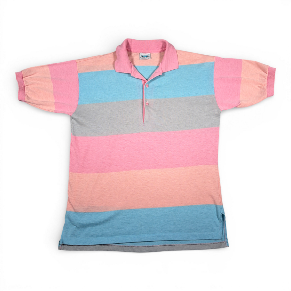 Vintage Electric Avenue Polo Shirt Adult SMALL Pink Blue Pastel Striped USA 80s-1 Vintage Electric Avenue Polo Shirt Adult SMALL Pink Blue Pastel Striped USA 80s