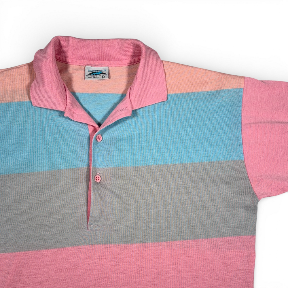 Vintage Electric Avenue Polo Shirt Adult SMALL Pink Blue Pastel Striped USA 80s-2 Vintage Electric Avenue Polo Shirt Adult SMALL Pink Blue Pastel Striped USA 80s