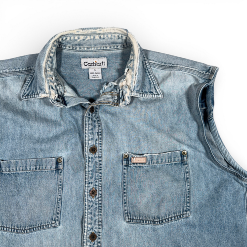 Carhartt Shirt Adult LARGE Blue Denim Sleeveless Vest Distressed Workwear Y2K-2 Carhartt Shirt Adult LARGE Blue Denim Sleeveless Vest Distressed Workwear Y2K
