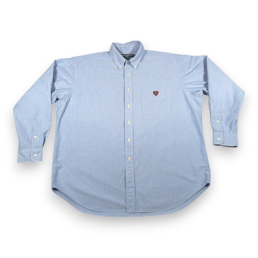 Vintage Ralph Lauren Golf Shirt Adult EXTRA LARGE Blue Oxford Tilden Crest 90s-1 Vintage Ralph Lauren Golf Shirt Adult EXTRA LARGE Blue Oxford Tilden Crest 90s