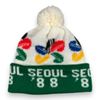 Vintage Olympics Hat Adult White Green Beanie Pom Knit Ski Winter Seoul 1988 80s