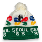 Vintage Olympics Hat Adult White Green Beanie Pom Knit Ski Winter Seoul 1988 80s