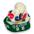 Vintage Olympics Hat Adult White Green Beanie Pom Knit Ski Winter Seoul 1988 80s