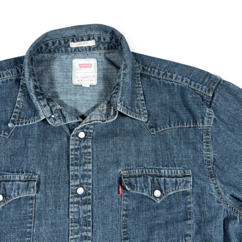 Levis Western Shirt Adult LARGE Blue Denim Dark Wash Pearl Snap Regular Fit-2 Levis Western Shirt Adult LARGE Blue Denim Dark Wash Pearl Snap Regular Fit