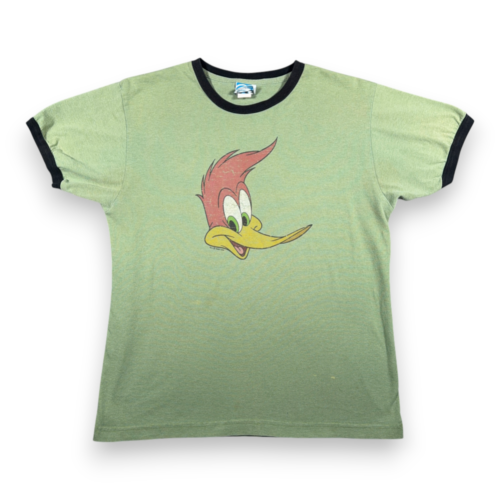 Vintage Woody Woodpecker Shirt Adult LARGE Green Cartoon Portrait Ringer USA Y2K