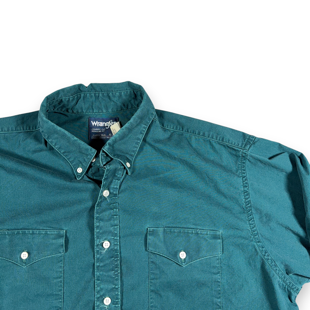 Vintage Wrangler Western Shirt Adult EXTRA LARGE Green Teal Workwear Cowboy 80s-2 Vintage Wrangler Western Shirt Adult EXTRA LARGE Green Teal Workwear Cowboy 80s
