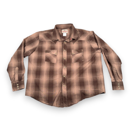 Wrangler Western Shirt Adult 2XL XXL Brown Plaid Pearl Snap American Cowboy