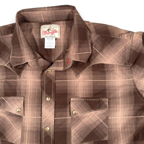 Wrangler Western Shirt Adult 2XL XXL Brown Plaid Pearl Snap American Cowboy-2 Wrangler Western Shirt Adult 2XL XXL Brown Plaid Pearl Snap American Cowboy