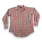 Vintage Plains Western Shirt Adult LARGE Red Brown Plaid Pearl Snap Cowboy 90s