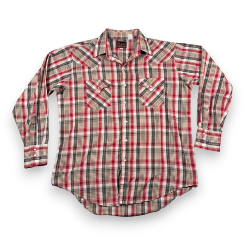 Vintage Plains Western Shirt Adult LARGE Red Brown Plaid Pearl Snap Cowboy 90s