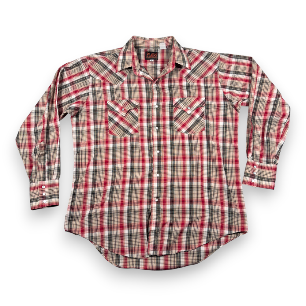 Vintage Plains Western Shirt Adult LARGE Red Brown Plaid Pearl Snap Cowboy 90s-1 Vintage Plains Western Shirt Adult LARGE Red Brown Plaid Pearl Snap Cowboy 90s