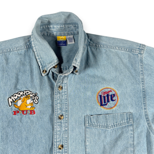 Vintage Miller Lite Shirt Adult SMALL Blue Denim Moondog Pub Bar Workwear 90s-2 Vintage Miller Lite Shirt Adult SMALL Blue Denim Moondog Pub Bar Workwear 90s