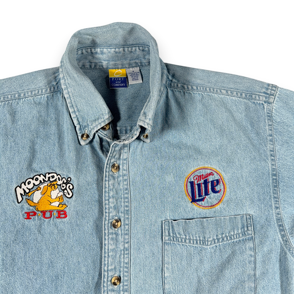 Vintage Miller Lite Shirt Adult SMALL Blue Denim Moondog Pub Bar Workwear 90s-2 Vintage Miller Lite Shirt Adult SMALL Blue Denim Moondog Pub Bar Workwear 90s