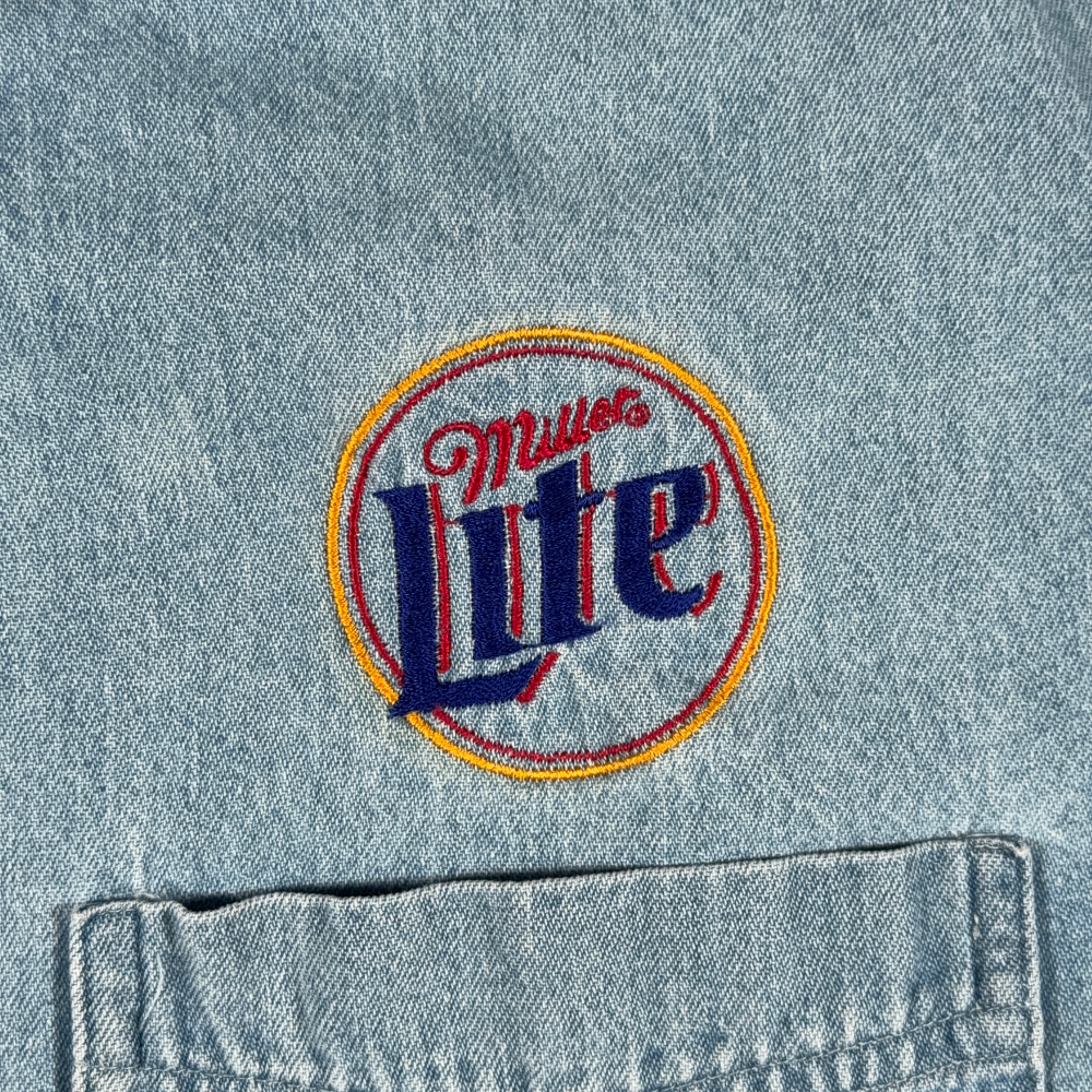 Vintage Miller Lite Shirt Adult SMALL Blue Denim Moondog Pub Bar Workwear 90s-4 Vintage Miller Lite Shirt Adult SMALL Blue Denim Moondog Pub Bar Workwear 90s