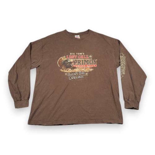 Vintage Primos Hunting Calls Shirt Adult 2XL XXL Brown Big Tom Last Call Y2K