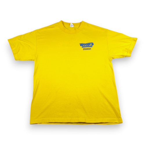 Woodys Longboards Shirt Adult LARGE Yellow Hawaii Surfing Hula Girl Funny Y2K-2 Woodys Longboards Shirt Adult LARGE Yellow Hawaii Surfing Hula Girl Funny Y2K