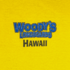 Woodys Longboards Shirt Adult LARGE Yellow Hawaii Surfing Hula Girl Funny Y2K