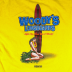 Woodys Longboards Shirt Adult LARGE Yellow Hawaii Surfing Hula Girl Funny Y2K