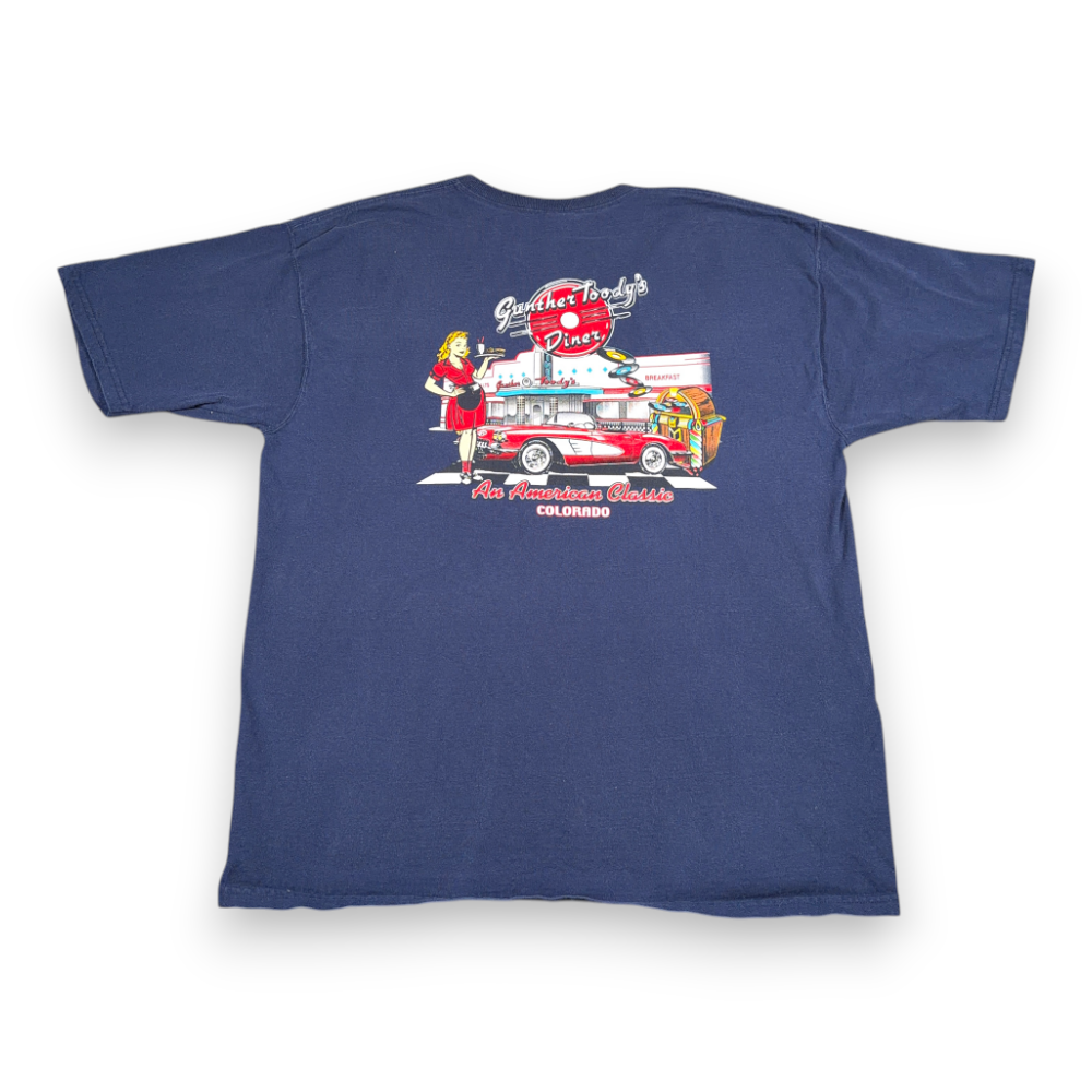 Vintage Gunther Toodys Diner Shirt Adult EXTRA LARGE Blue 1950s Colorado USA 90s-1 Vintage Gunther Toodys Diner Shirt Adult EXTRA LARGE Blue 1950s Colorado USA 90s