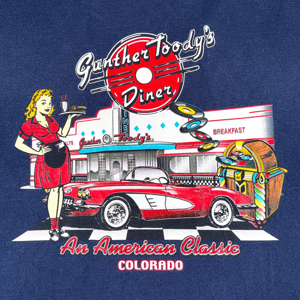 Vintage Gunther Toodys Diner Shirt Adult EXTRA LARGE Blue 1950s Colorado USA 90s-4 Vintage Gunther Toodys Diner Shirt Adult EXTRA LARGE Blue 1950s Colorado USA 90s