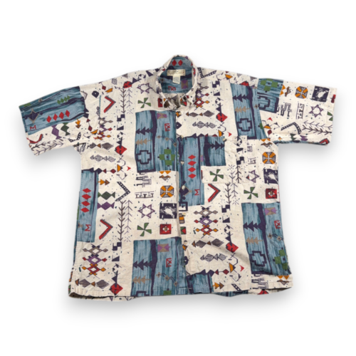 Vintage Natural Issue Shirt Adult LARGE White Blue Abstract Geometric Linen 90s