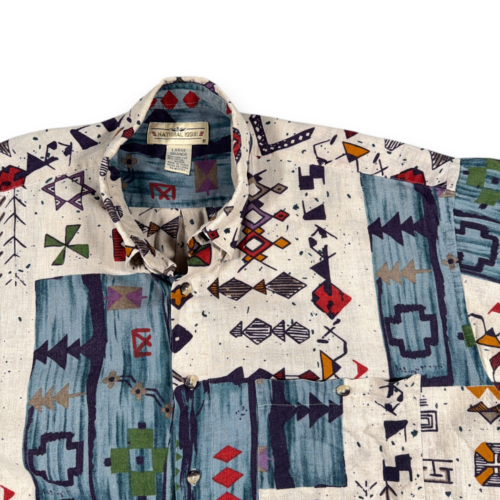 Vintage Natural Issue Shirt Adult LARGE White Blue Abstract Geometric Linen 90s-2 Vintage Natural Issue Shirt Adult LARGE White Blue Abstract Geometric Linen 90s