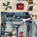 Vintage Natural Issue Shirt Adult LARGE White Blue Abstract Geometric Linen 90s