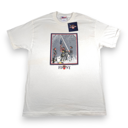Vintage FDNY Shirt Adult LARGE White Fire Department Flag 911 USA Deadstock Y2K