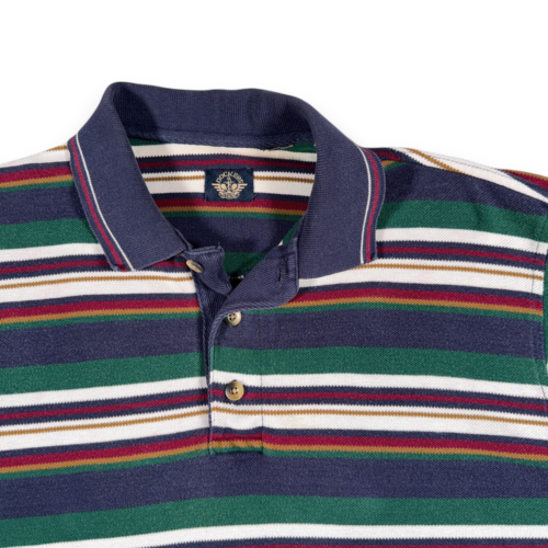 Vintage Dockers Polo Shirt Adult MEDIUM Blue White Green Gold Striped Levis 80s-2 Vintage Dockers Polo Shirt Adult MEDIUM Blue White Green Gold Striped Levis 80s