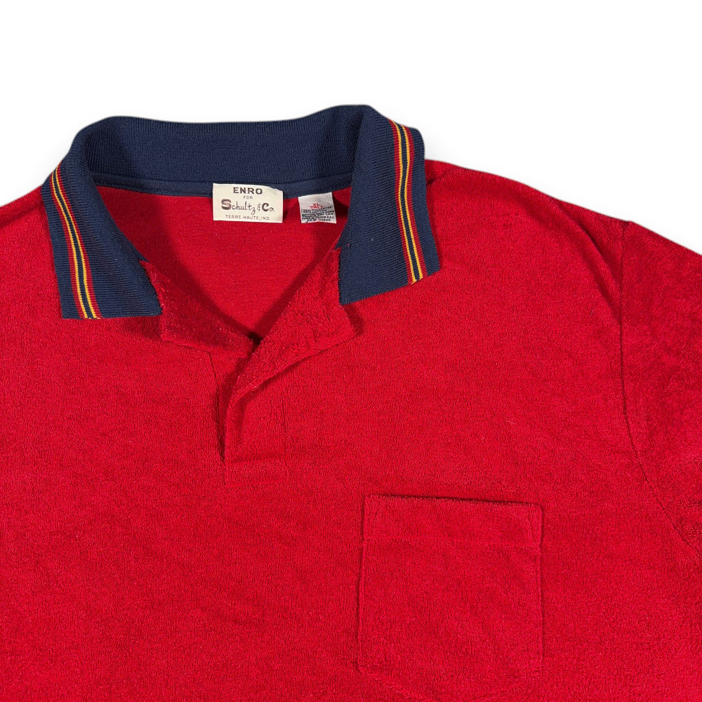 Vintage Enro Polo Shirt Adult LARGE Red Velour Schultz Terre Haute Indiana 70s-2 Vintage Enro Polo Shirt Adult LARGE Red Velour Schultz Terre Haute Indiana 70s