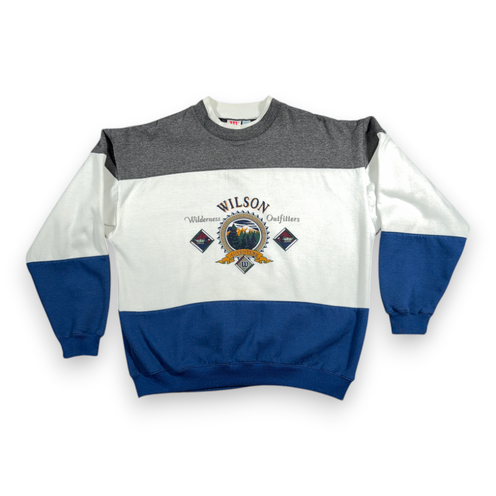 Vintage Wilson Sweater Adult EXTRA LARGE White Blue Sweatshirt Colorblock 90s-1 Vintage Wilson Sweater Adult EXTRA LARGE White Blue Sweatshirt Colorblock 90s