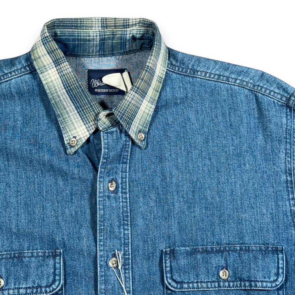 Vintage Wrangler Shirt Adult MEDIUM Blue Denim Gold Buckle Deadstock Tags 90s-2 Vintage Wrangler Shirt Adult MEDIUM Blue Denim Gold Buckle Deadstock Tags 90s