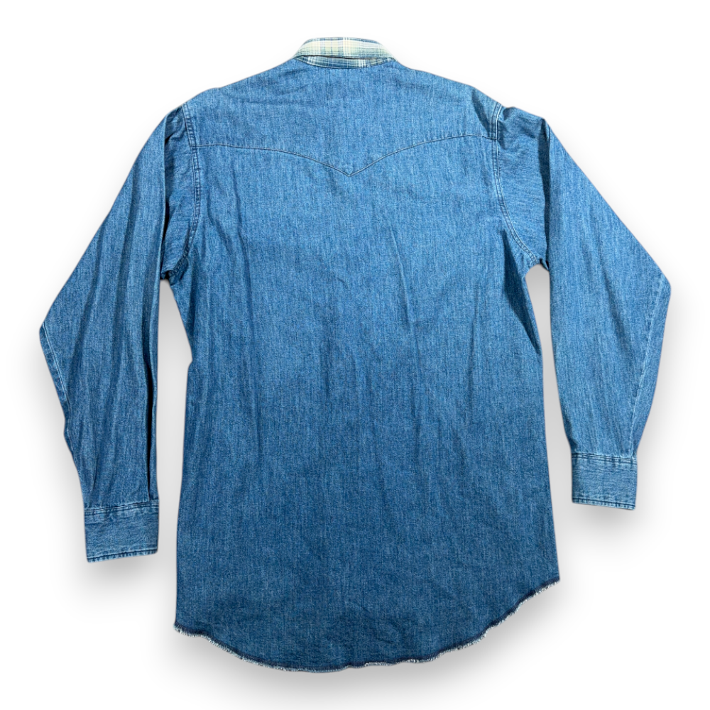 Vintage Wrangler Shirt Adult MEDIUM Blue Denim Gold Buckle Deadstock Tags 90s-3 Vintage Wrangler Shirt Adult MEDIUM Blue Denim Gold Buckle Deadstock Tags 90s