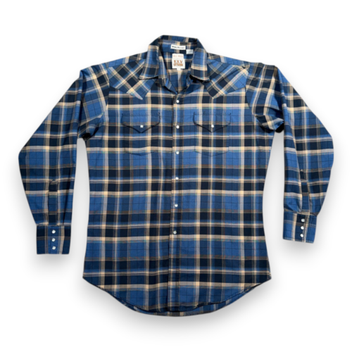 Vintage Ely Cattleman Western Shirt Adult LARGE Blue Brown Plaid Pearl Snap 90s