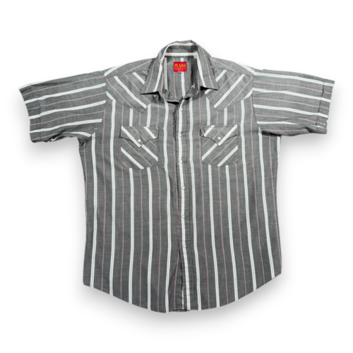 Vintage Plains Western Shirt Adult LARGE Gray Red Striped Pearl Snap Cowboy 90s