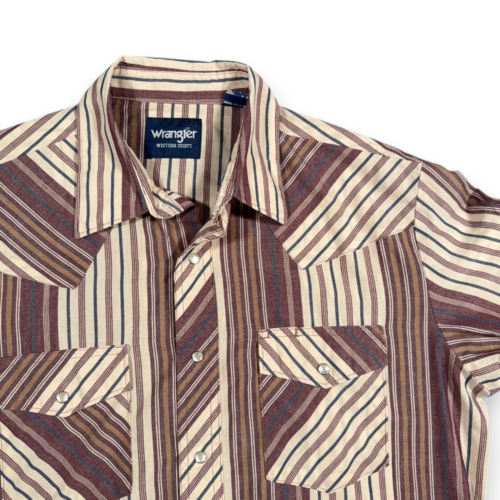 Wrangler Western Shirt Adult MEDIUM Brown Red Blue Striped Pearl Snap Cowboy-2 Wrangler Western Shirt Adult MEDIUM Brown Red Blue Striped Pearl Snap Cowboy