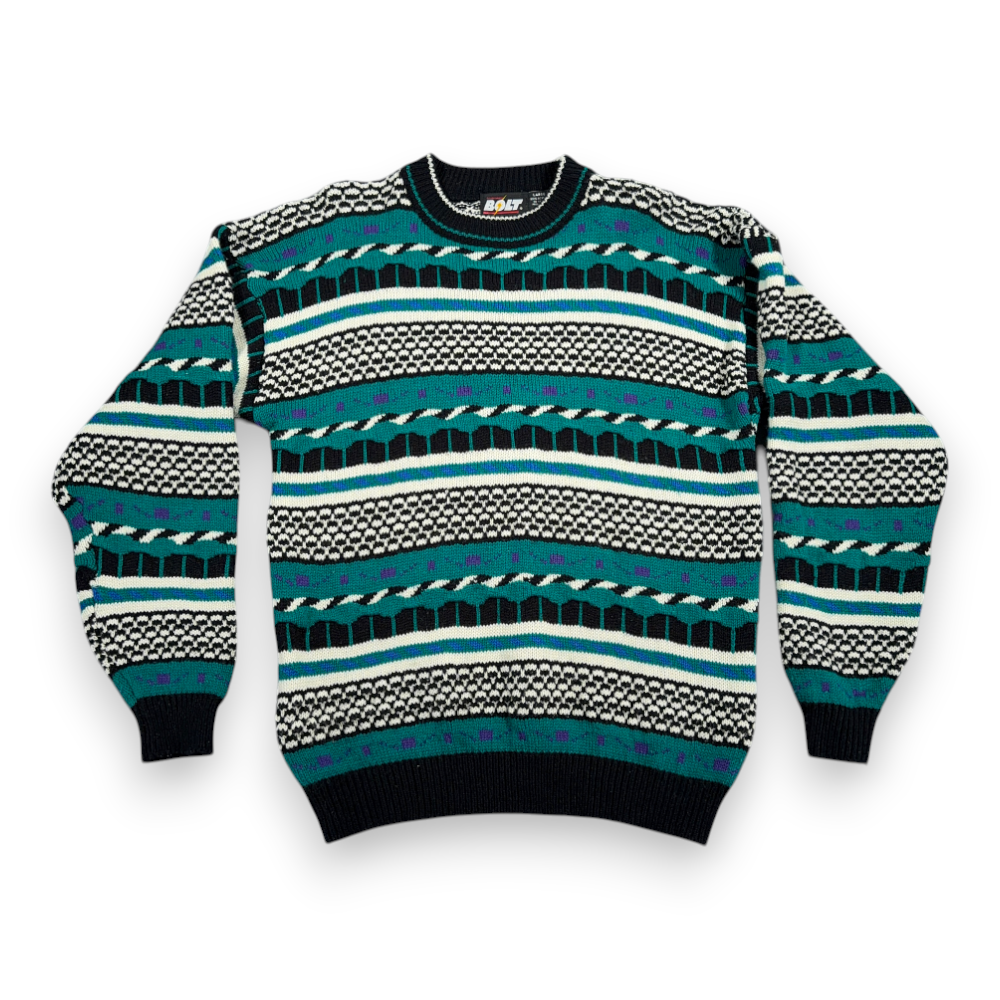 Vintage Lightning Bolt Sweater Adult MEDIUM Green Geometric Striped Textured 90s-1 Vintage Lightning Bolt Sweater Adult MEDIUM Green Geometric Striped Textured 90s