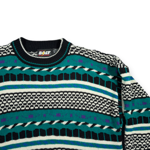 Vintage Lightning Bolt Sweater Adult MEDIUM Green Geometric Striped Textured 90s-2 Vintage Lightning Bolt Sweater Adult MEDIUM Green Geometric Striped Textured 90s